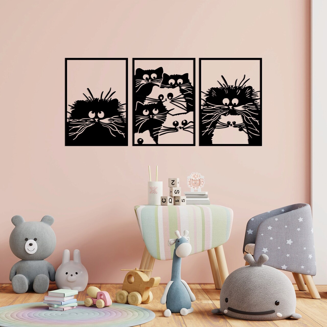 Decoratiune de perete, Cats, 50 x 70 cm, 3 piese, Negru - imagine 6